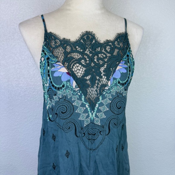 Intimately Free People Lace Floral Print Slip Dress Teal Green Womens Sz Small - Picture 3 of 8